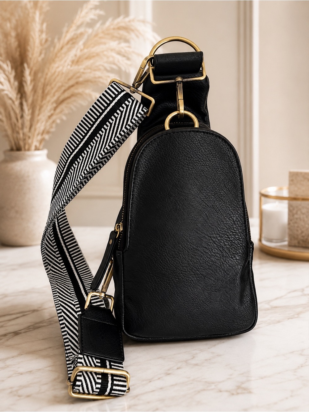 Urban Originals Black Vegan Leather Sling Backpack Crossbody Bag Guitar Strap